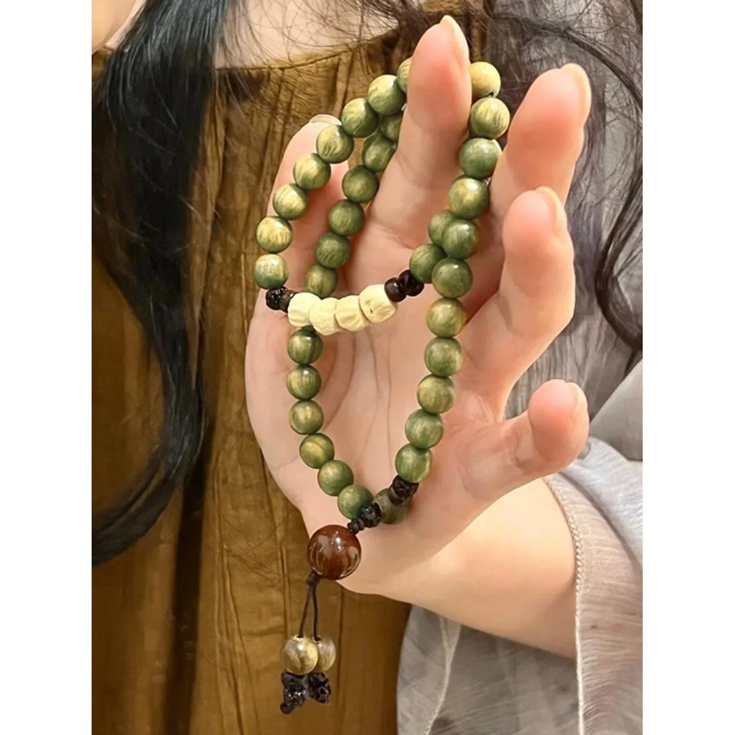 天然绿檀木佛珠手串女款多圈檀香百香籽菩提手链男情侣文玩送礼款