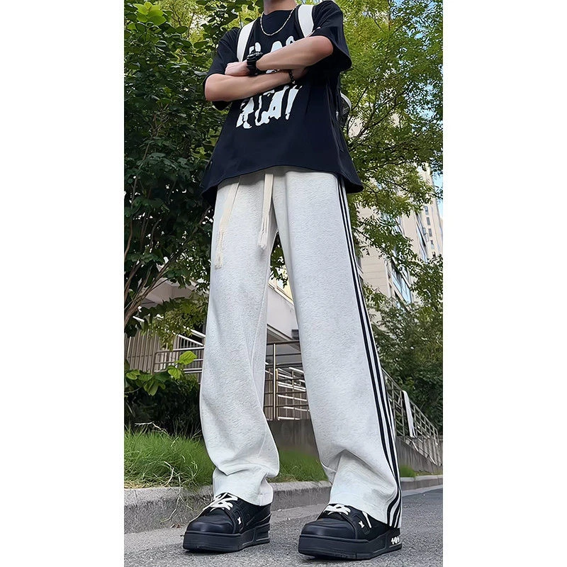 条纹运动裤男女款春秋2025新款显瘦直筒阔腿裤宽松三条杠休闲卫裤