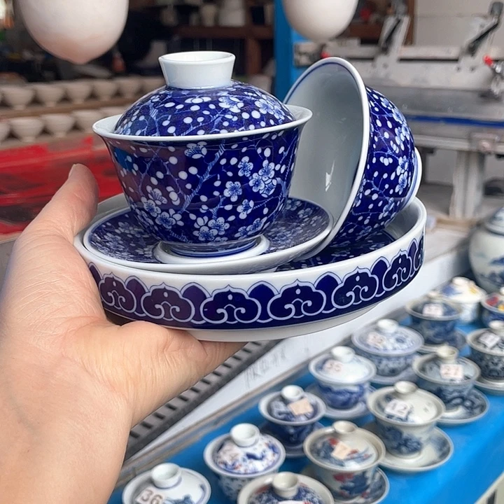 青花釉下彩盖碗杯子壶承