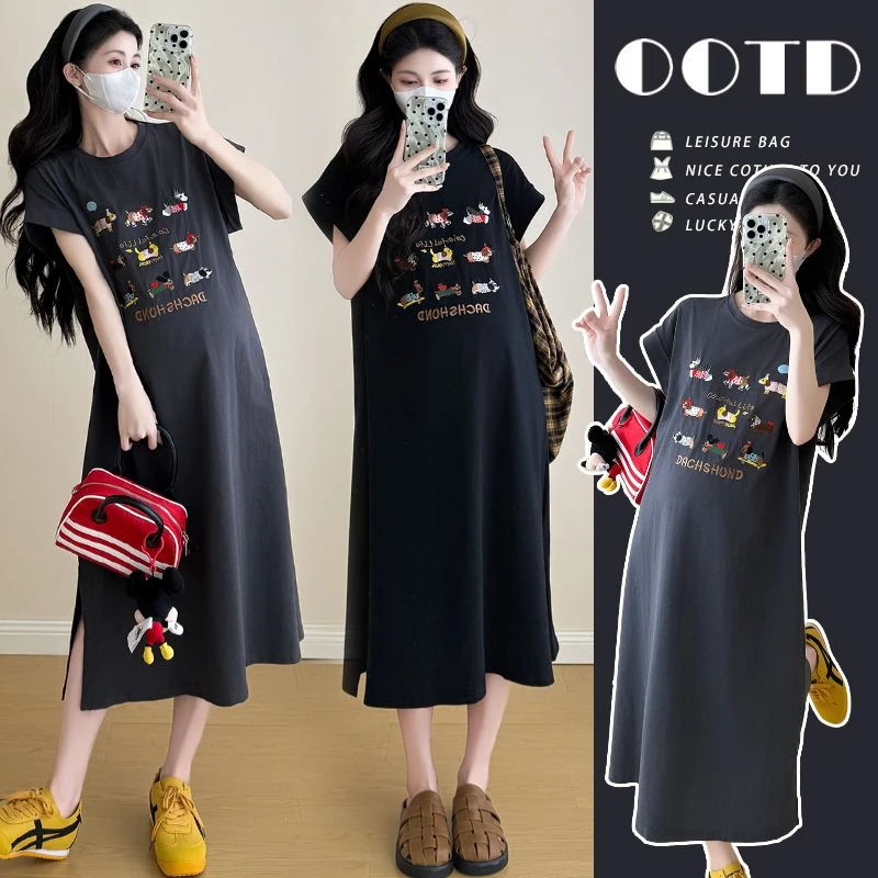 孕妇装夏装2025年夏季新品韩版百搭设计刺绣小狗显瘦孕妇连衣裙