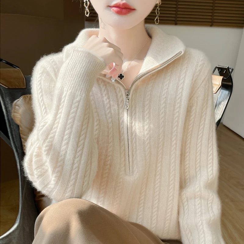 设计感满满~秋冬新款羊毛衫半拉链翻领时尚减龄厚款气质针织衫女