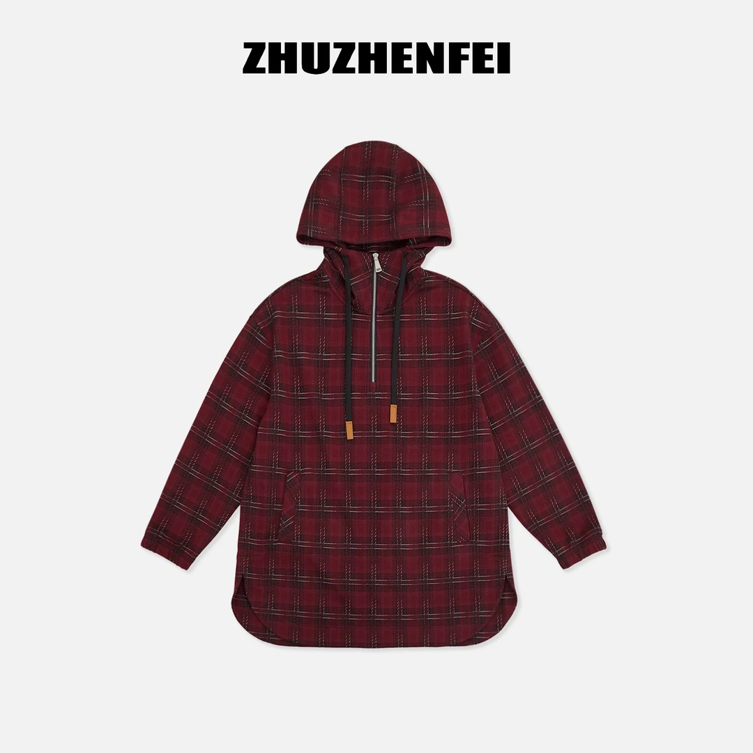 ZHUZHENFEI【相思红豆】红色格子卫衣连帽高质感外搭-Z354086