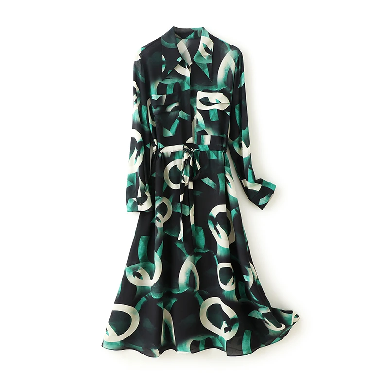 墨枝 气质翻领抽绳腰显瘦印花桑蚕丝连衣裙D9009848