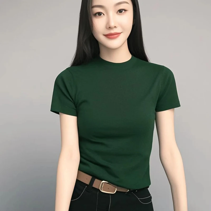 棉质短袖t恤女夏季2025新款棉T修身显瘦百搭简约时尚纯色圆领上衣