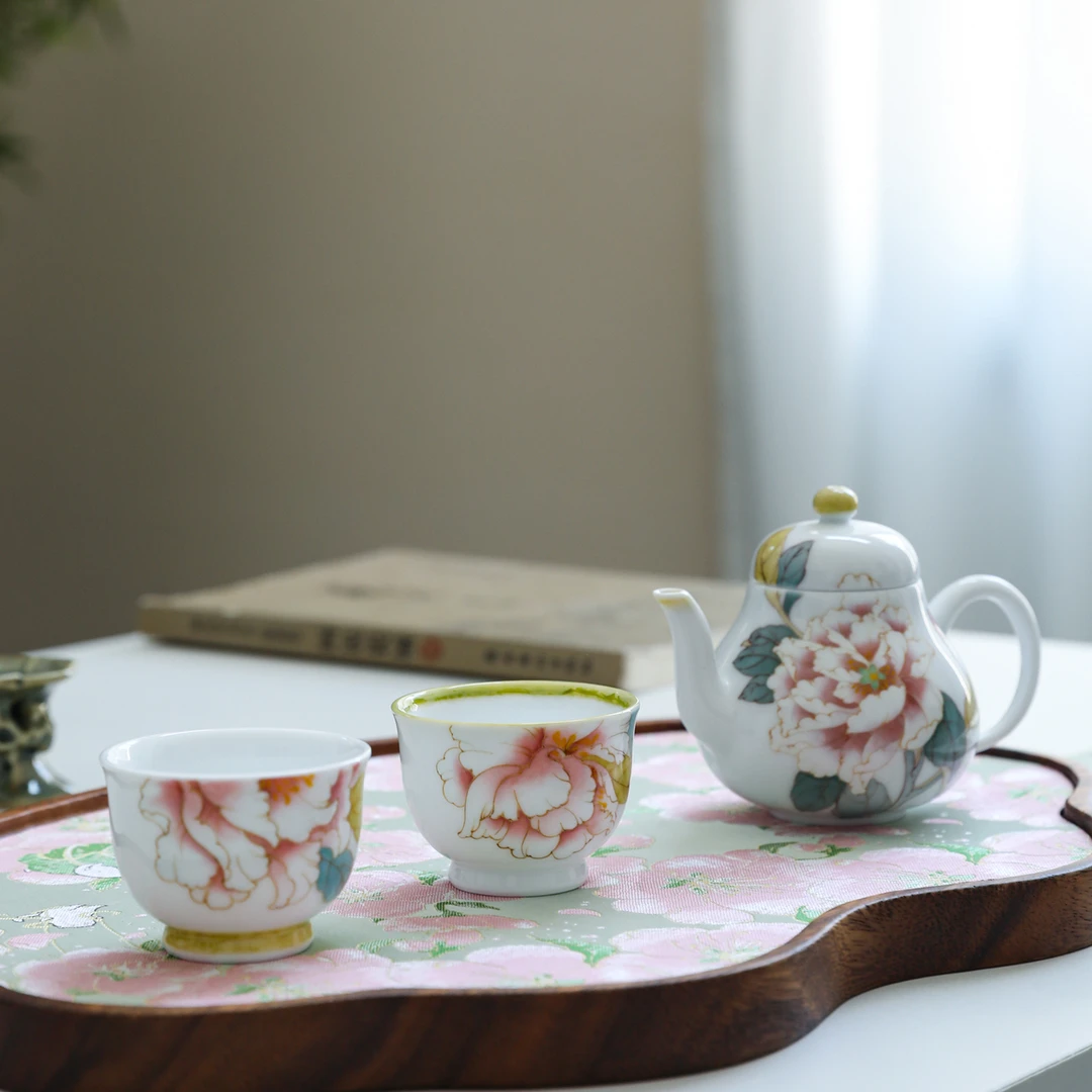 官润窑 釉下彩手工手绘陶瓷泡茶单壶牡丹花品茗杯梨型茶具礼盒装