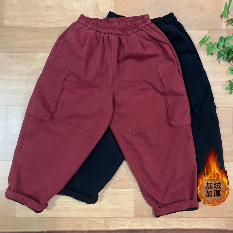 冬季新款时尚纯色加绒加厚牛仔工装裤女休闲宽松大码百搭休闲裤