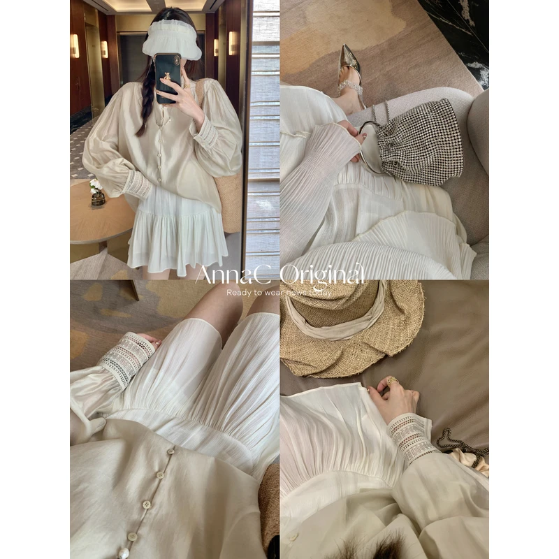 钱美西“灿烂星河”温柔简约裙裤褶皱百搭松紧高腰显瘦短裙女M01392