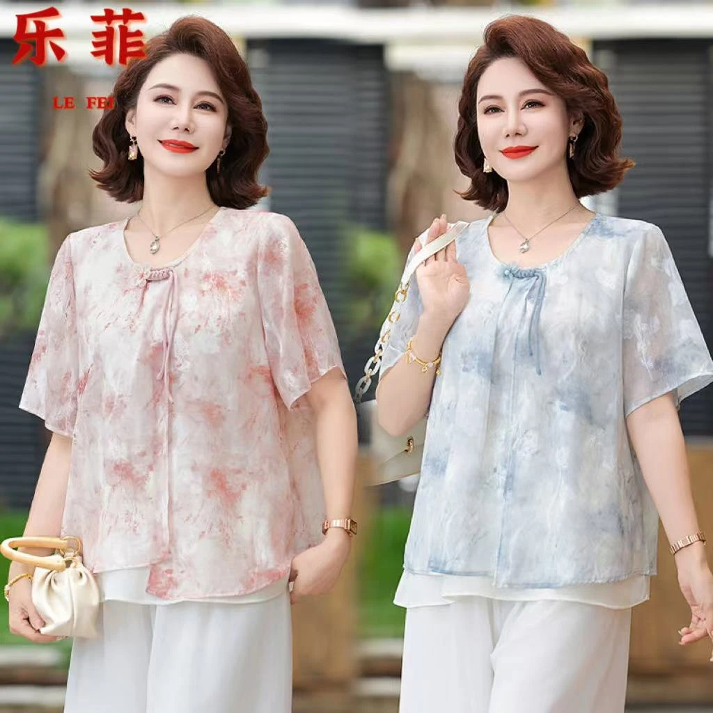夏季新款新中式妈妈时尚套装小衫中老年女夏季洋气国风短袖上衣