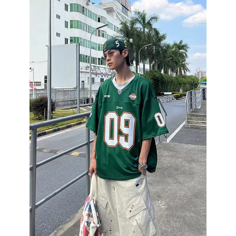 【蒲7】美式V领数字印花棒球服球衣短袖T恤夏季男女宽松运动复古