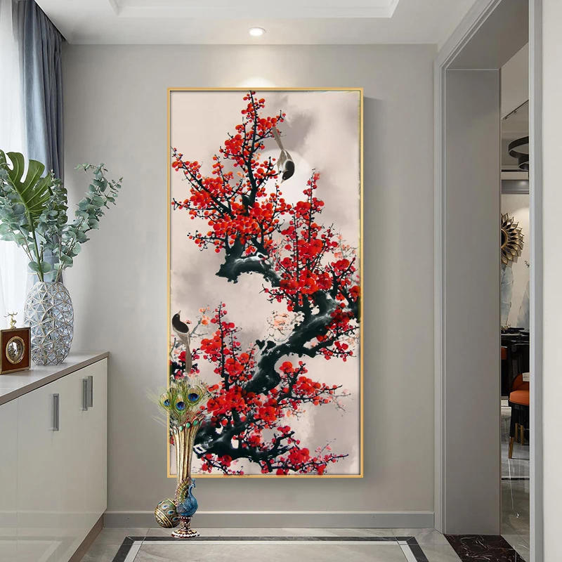 新款竖版玄关梅花报春图满钻全贴魔方圆钻石画卧室客厅手工贴钻