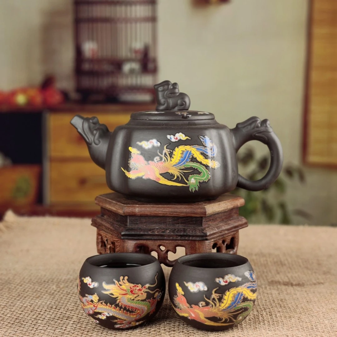 遇热变色四方壶一壶二杯紫砂茶具套装家用送礼品茶器大容量凤鸣壶