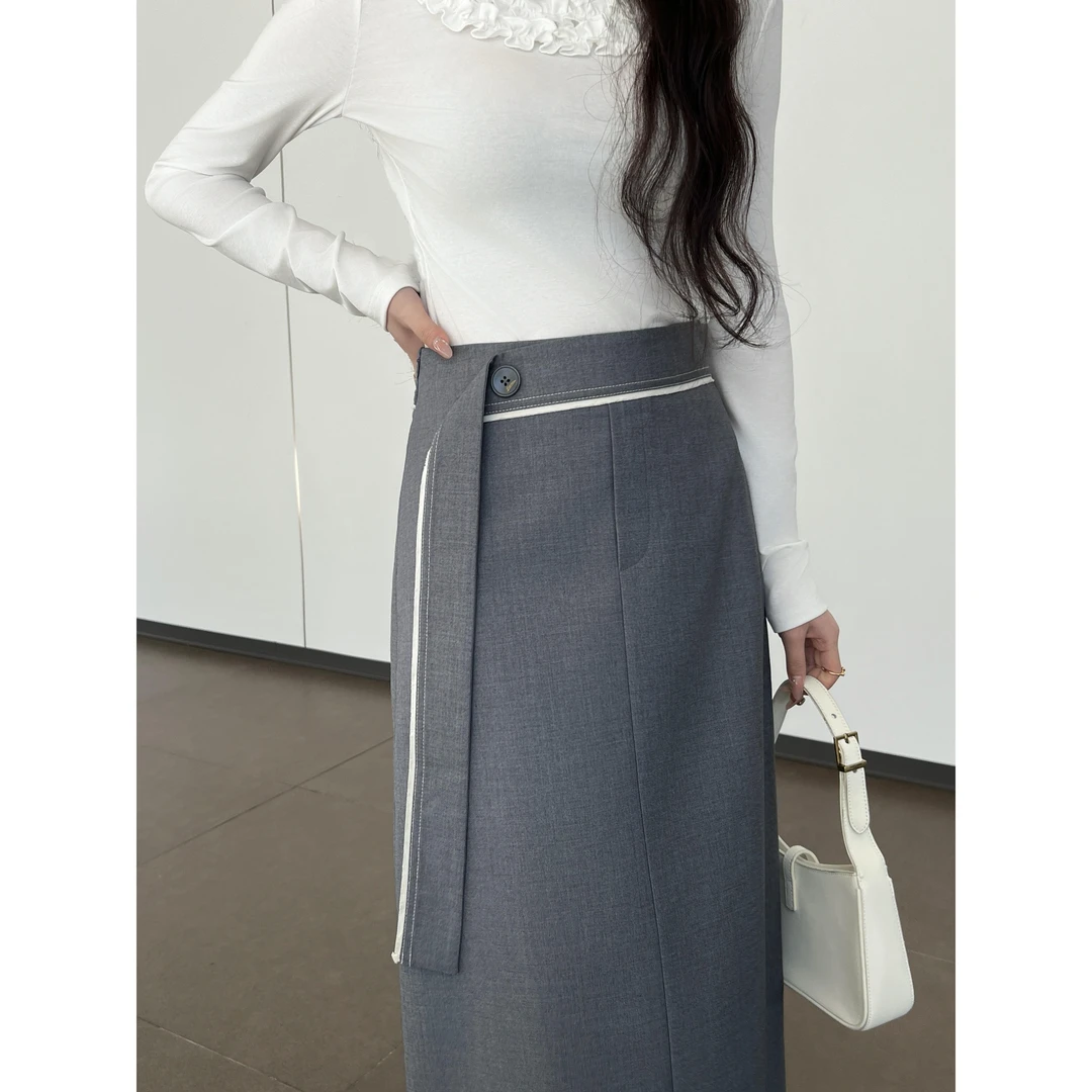 KiKi严选：18726-YER家欧洲站南油春季新款一粒扣飘带撞色半身裙