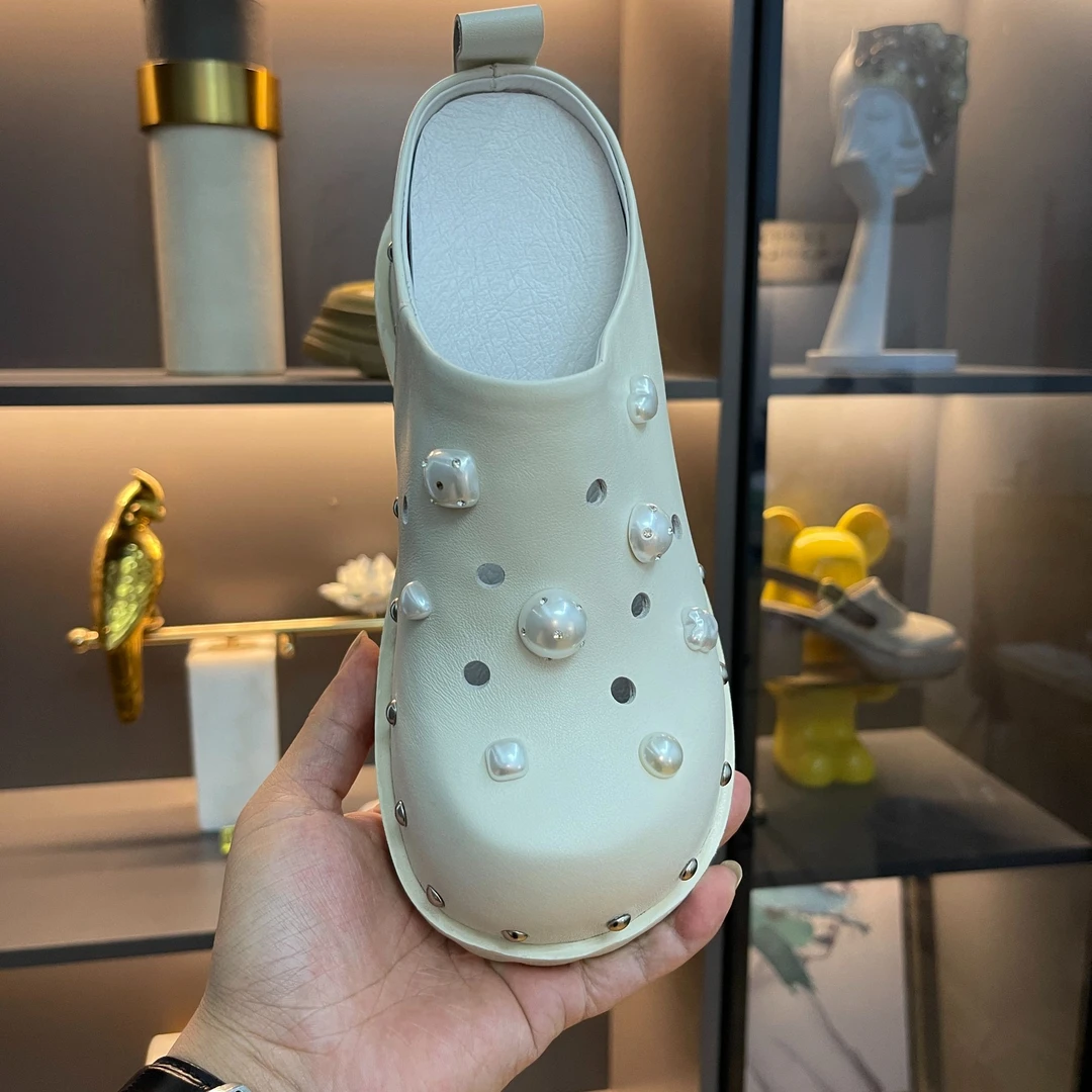 牛皮/5CM/百搭厚底增高跟粗跟圆头夏季外穿真皮中跟包头半拖