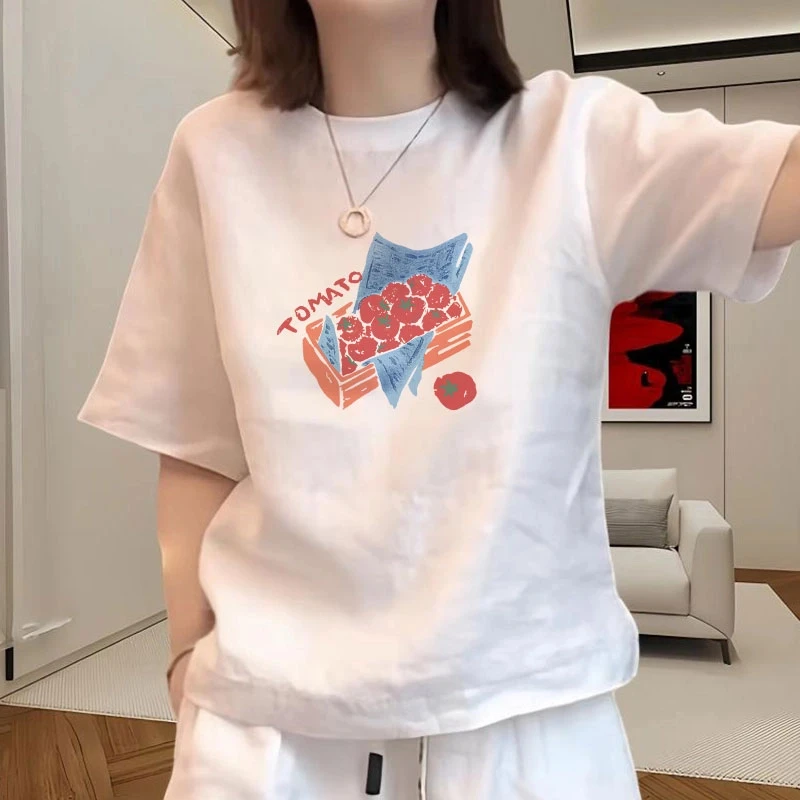 2025新款纯棉正肩短袖T恤小众女装夏季宽松时尚百搭白色打底上衣