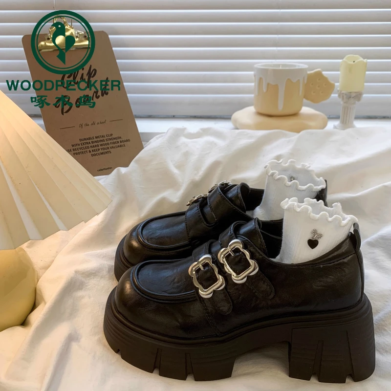 啄木鸟乐福鞋女2025春季新款粗跟厚底复古时尚小个子玛丽珍小皮鞋