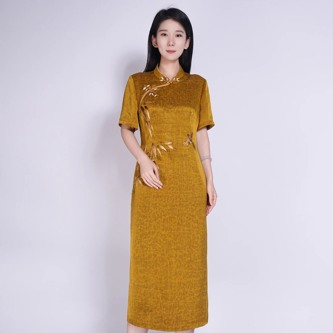 【大师系列】香云纱桑蚕丝100%金缎龟百搭气质翠竹连衣裙HBSS050254