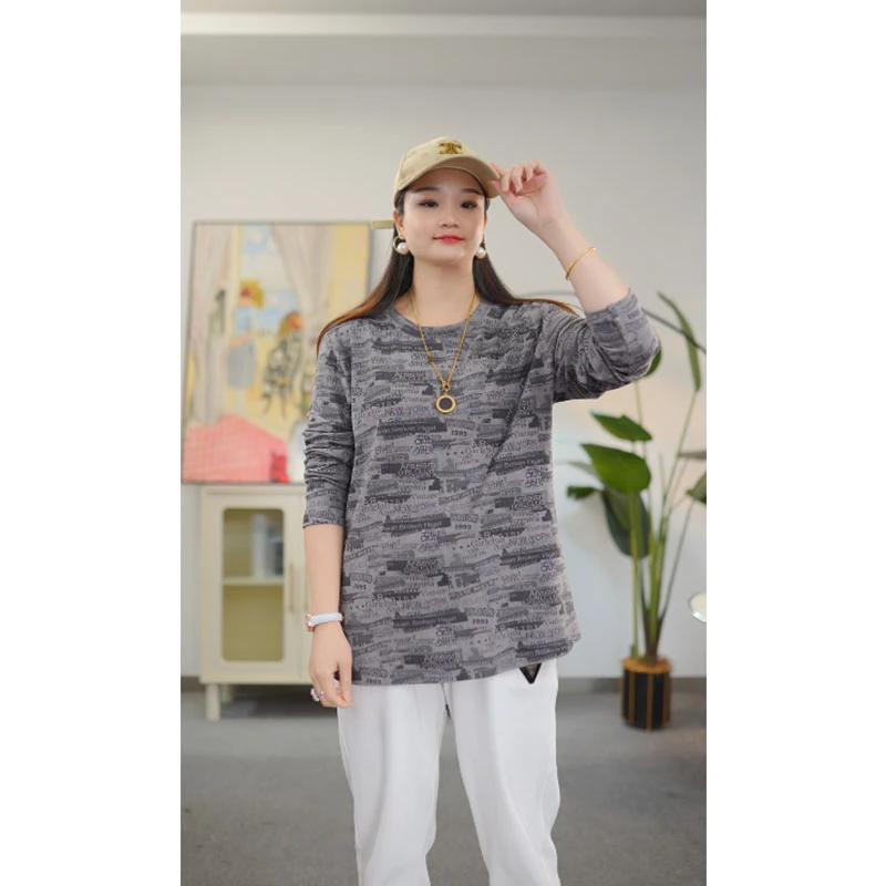 歌帛语大码女装透气简约风圆领大码T恤常规款宽松型长袖