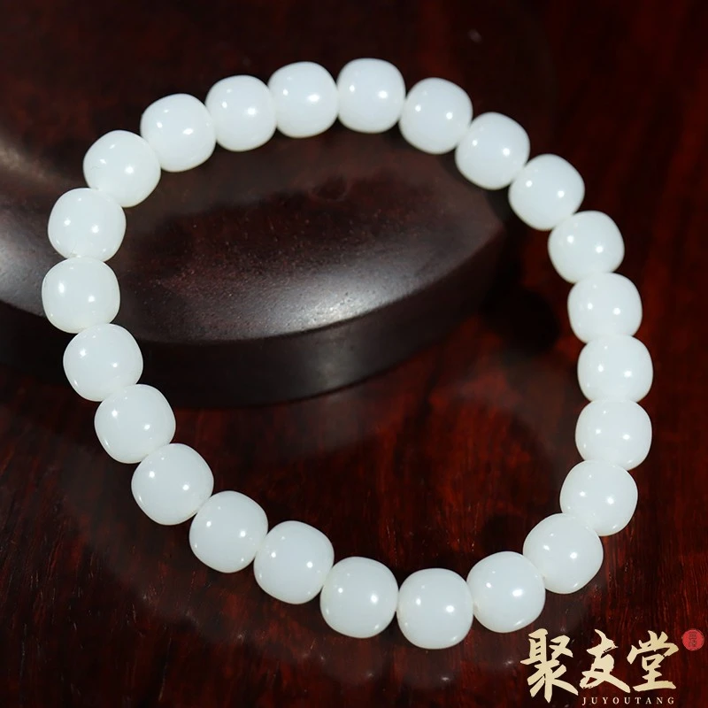 聚友堂王伟玉雕7*8mm新疆和田玉籽料白玉老型珠手链单圈手串女士