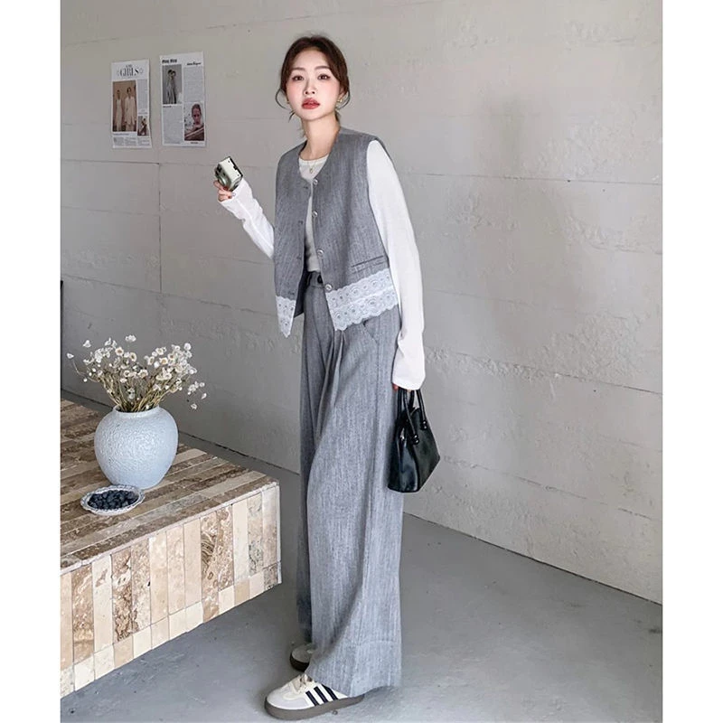 特大码300斤蕾丝拼接马甲套装女春秋胖mm新款高腰阔腿裤两件套装2