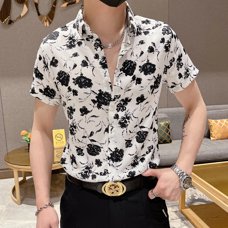 萨尔布勒斯短袖花衬衫男士韩版修身薄高级感个性休闲半袖冰丝衬衣