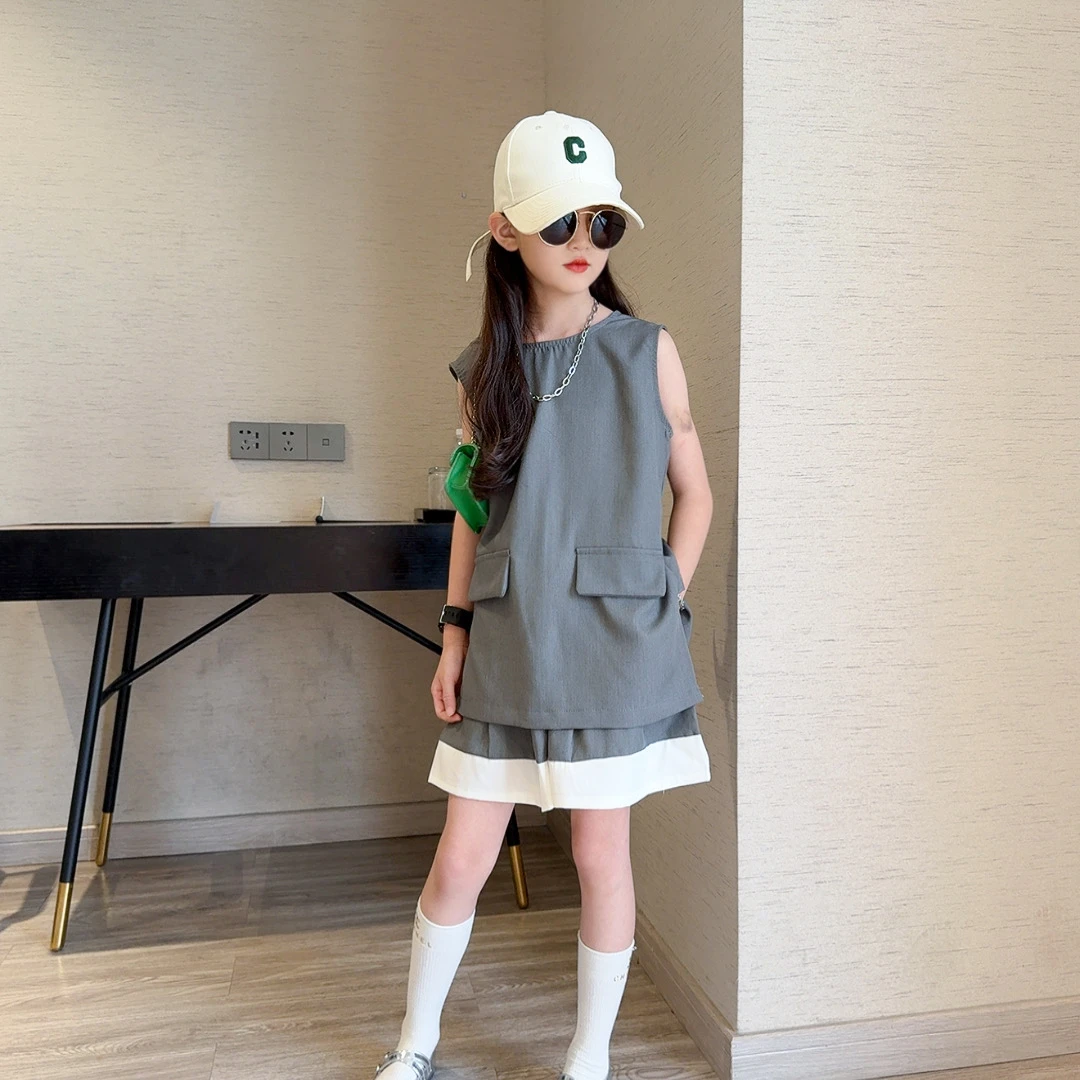 女童休闲洋气无袖西装马甲短裙套装2025新款大儿童时尚夏装两件套