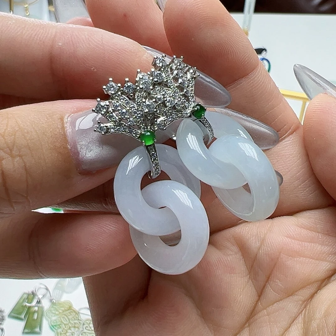 翡翠银S925镶嵌耳饰馨**愿天然缅甸A货翡翠