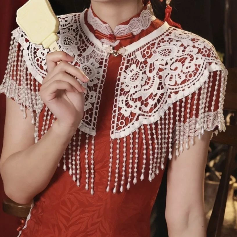 万能旗袍云肩披肩旗袍珍珠流苏云肩披肩新中式改良复古蕾丝中国风