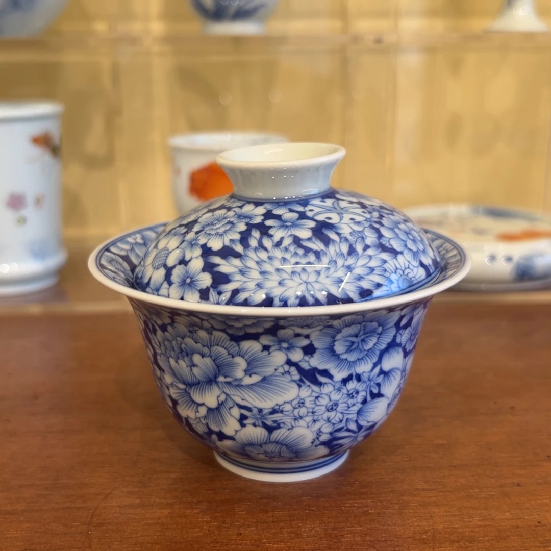 柴窑手绘万花两才盖碗