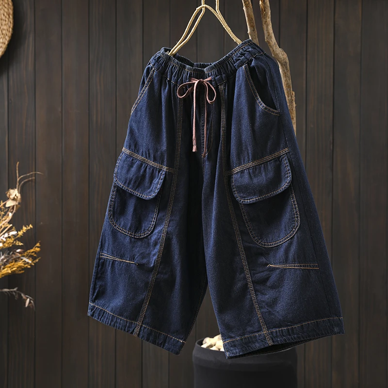 深蓝色牛仔裤女夏季2025夏新款设计感宽松时尚休闲显瘦系绳六分库