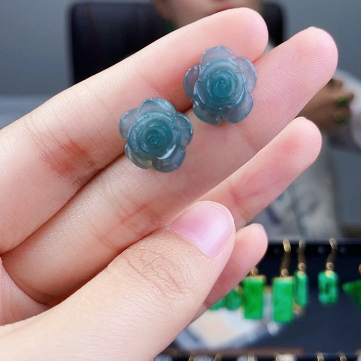 翡翠耳饰银S925镶嵌饰品