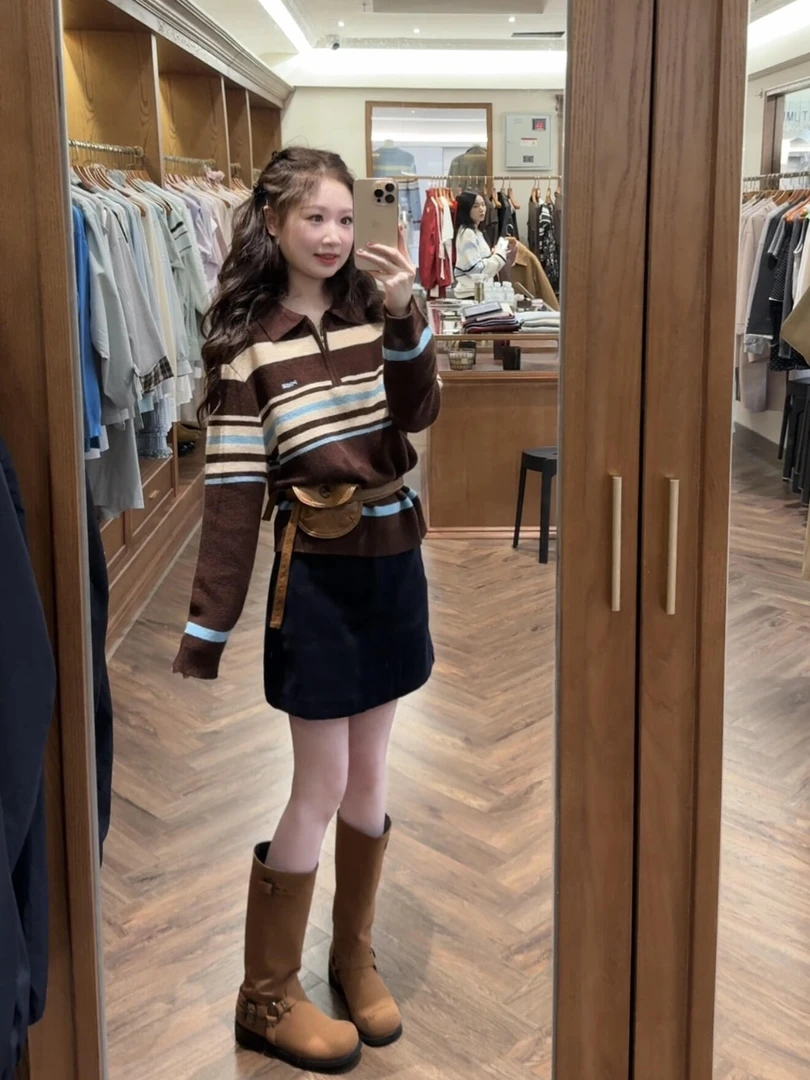 2025秋季新款韩系温柔风条纹翻领拉链针织上衣搭配半身裙两件套潮