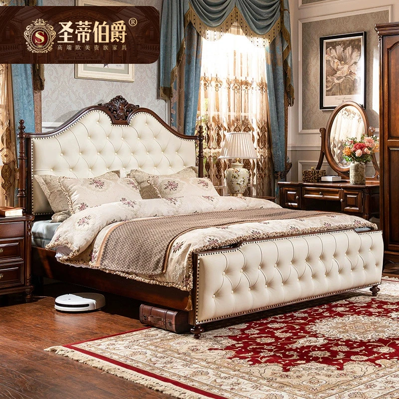 高端别墅床美式真皮实木床主卧室豪华大床欧式双人床白色软包婚床
