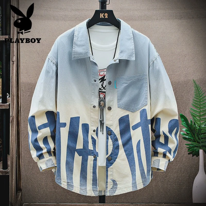 花花公子青少年牛仔长袖衬衫男春秋季潮牌宽松帅气衬衣学生潮流渐