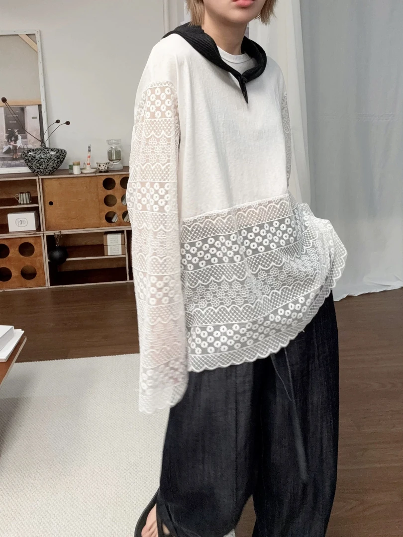 2025春夏季新款日式韩系拼接蕾丝棉质舒适百搭宽松大版T恤上衣女
