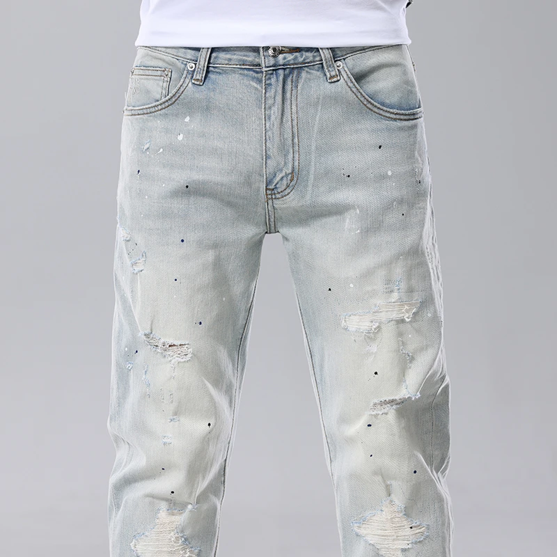 法尔利格男士时尚浅色水洗破洞牛仔裤直筒修身锥形休闲夏薄款