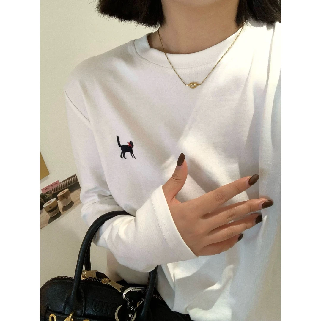 初奢自制】230g磨毛baby绒！冬长绒棉围巾小猫刺绣圆领打底T恤女