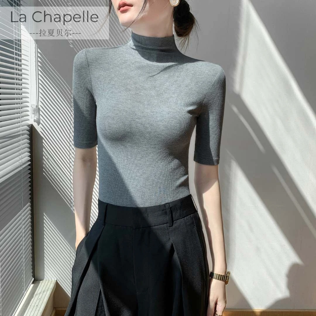 拉夏贝尔黑色半高领螺纹中袖五分袖t恤女2025夏季修身百搭高档打