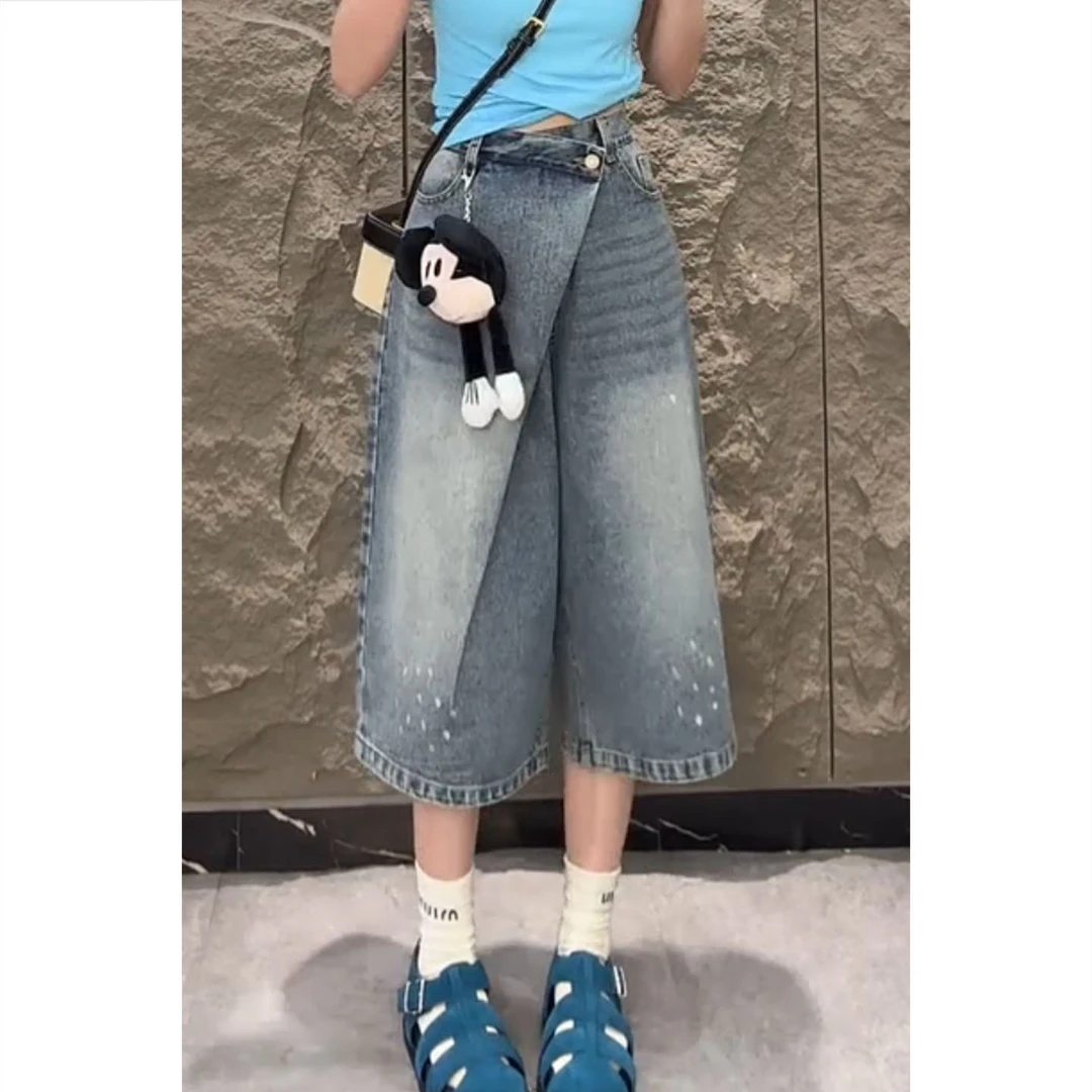 艾塔莉时尚设计感米奇牛仔裤女夏季新款百搭直筒裤大码中裤阔腿裤