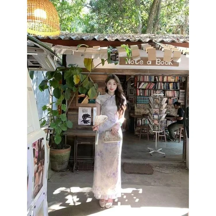 【紫香玉】气质提花印花旗袍连衣裙女春夏晕染长裙