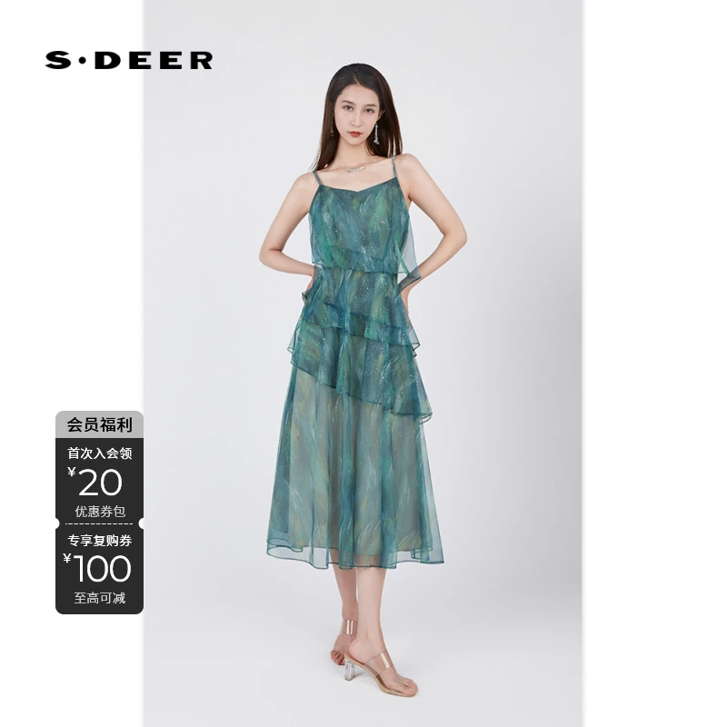 S·DEER圣迪奥夏季v领高腰显瘦遮肚减龄裙清新时尚度假女士吊带裙