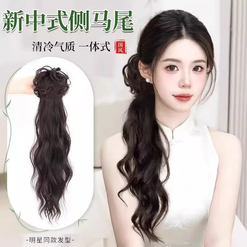 中国风马尾女新中式抓夹水波纹古风汉服辫子仿真发旗袍国风低马尾