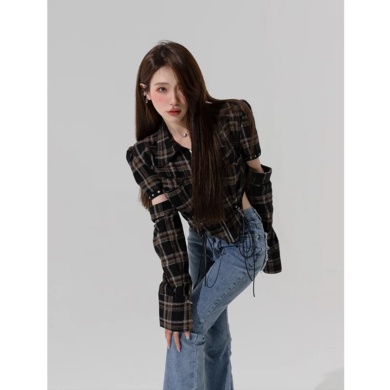 莫欣欣&（青苍现货）格子拼接衬衫A228093