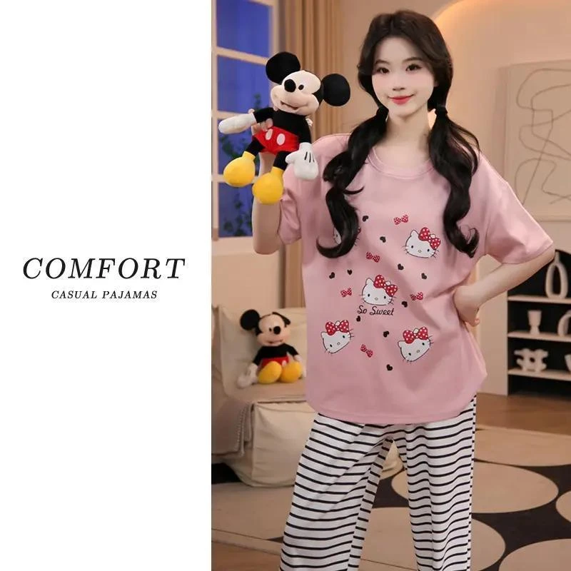 带胸垫睡衣女款夏季2025年纯棉100%全棉短袖长裤套装可外穿家居服