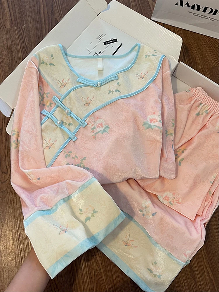 新中式国风提花金丝绒睡衣女秋冬季新款大码保暖家居服套装可外穿