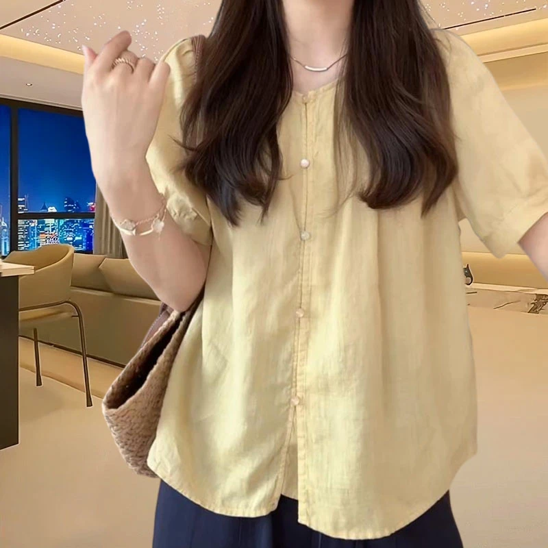 甜美纯欲风纯色短袖衬衫女2025新款夏季宽松显瘦百搭上衣小个子
