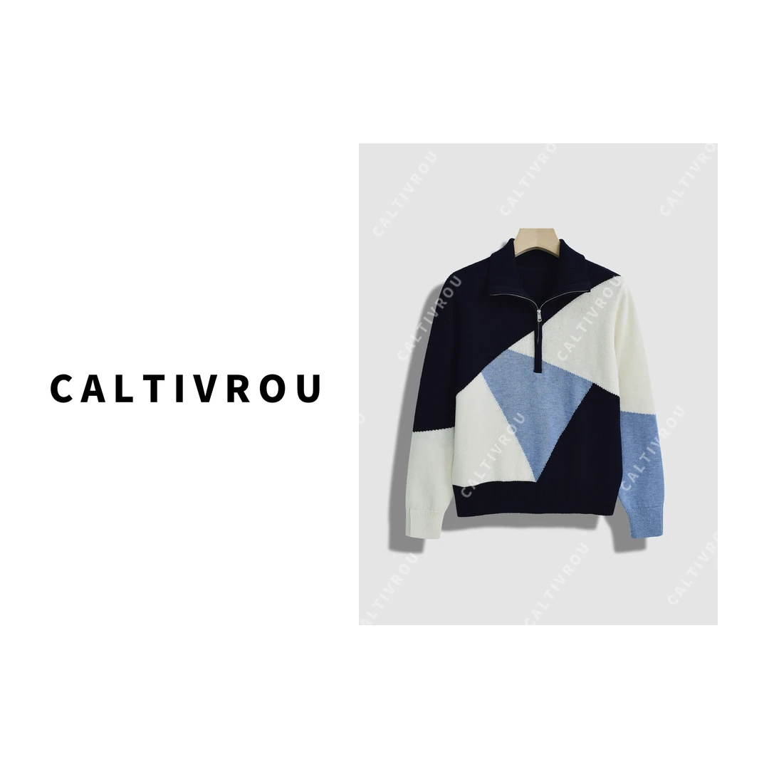 Caltivrou松风茶韵~时髦减龄拼色半拉链针织衫-Y14473