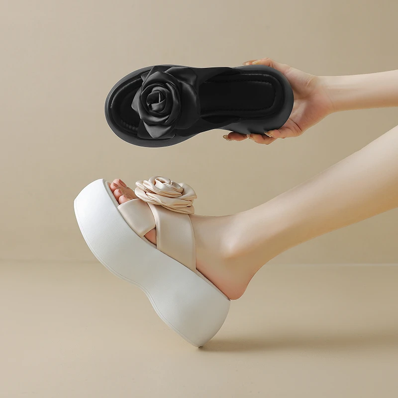 Guan Na 玫瑰花大花朵厚底半拖鞋女时尚外穿增高优雅松糕鞋沙滩鞋