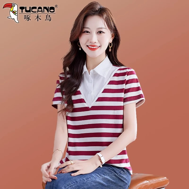 啄木鸟假两件短袖T恤女夏季薄款2025新款条纹拼接衬衫领纯棉上衣