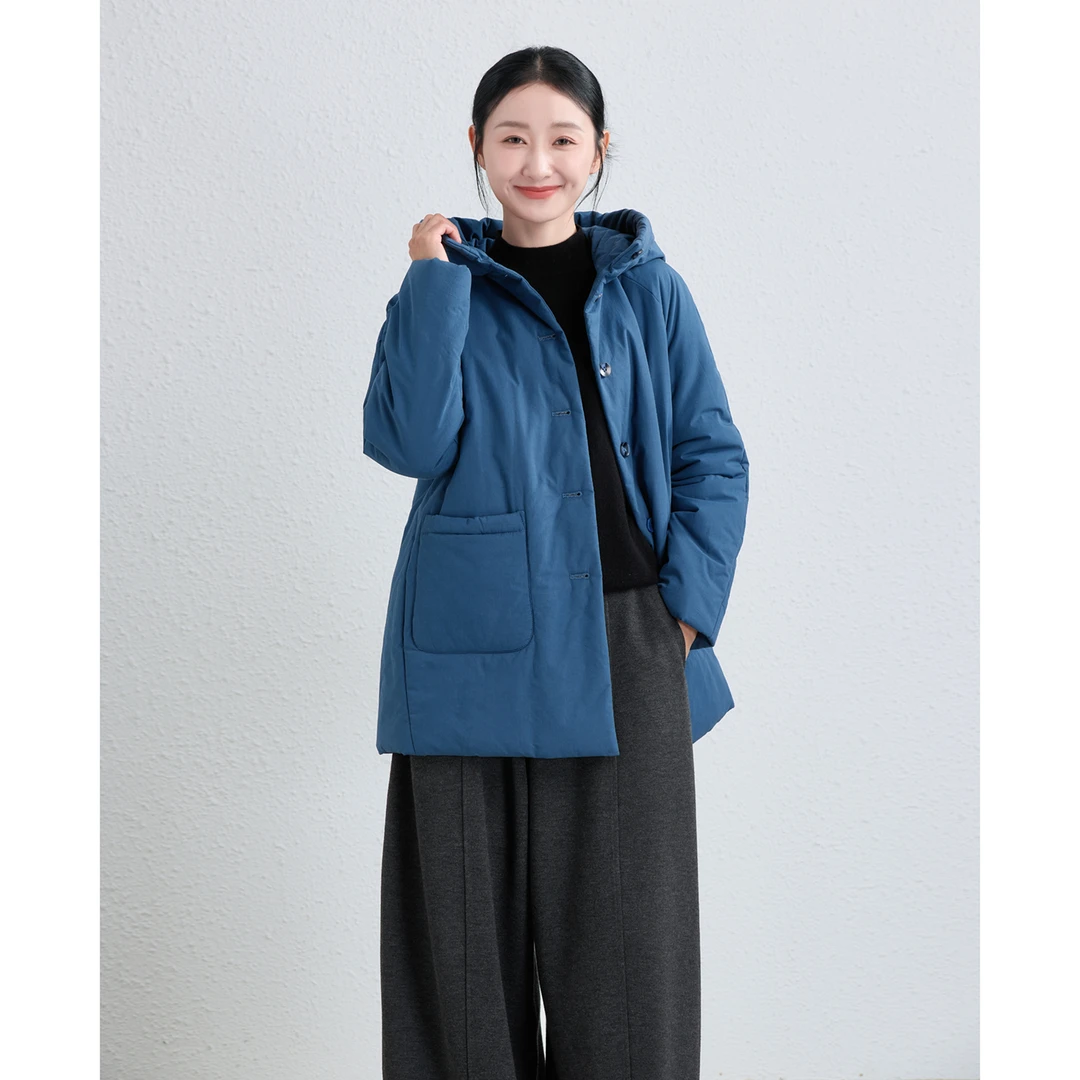 梦喜/十木米原创百分百长绒棉百搭休闲加厚连帽中长棉服外套女