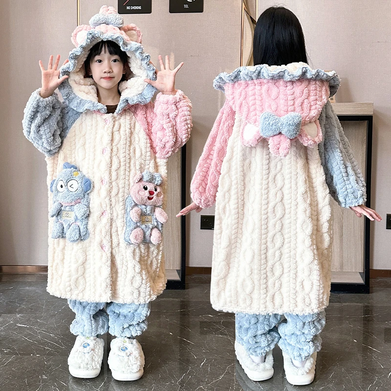 冬季新款法兰绒睡袍女童加绒加厚儿童洋气睡衣女孩外穿家居服套装